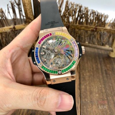 Super Clone Hublot Tourbillon Skeleton Big Bang Rose Gold Rainbow Watch